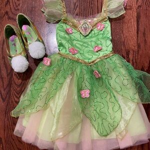 Disney Store Princess Tinker Bell Costume Dress Girl Size 3 + Size 7/8 Shoes